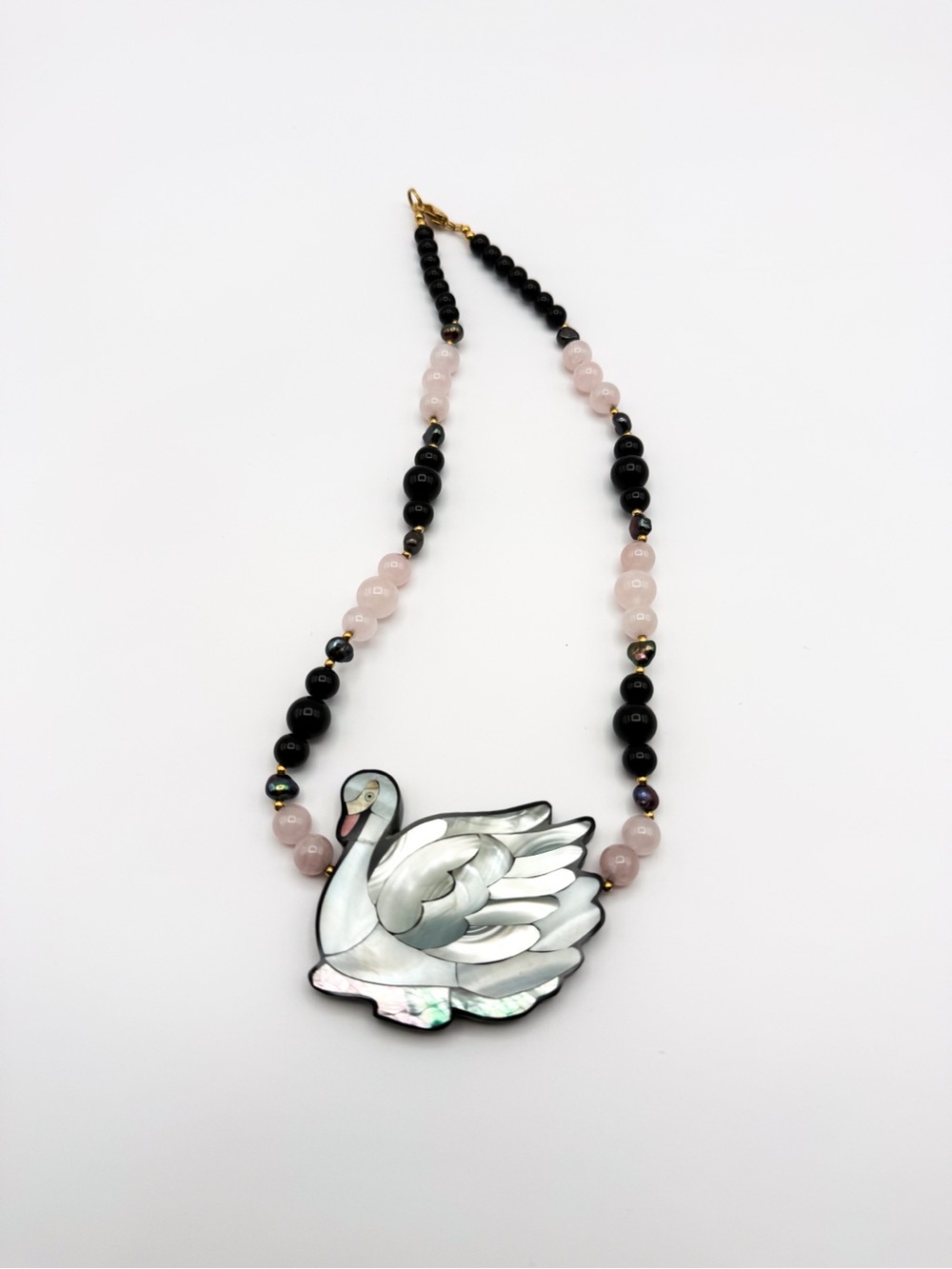 🦢 Lee Sands 🦢 Swan MOP Shell Inlay Pendant Pink and Black Beaded Necklace - Picture 2 of 10